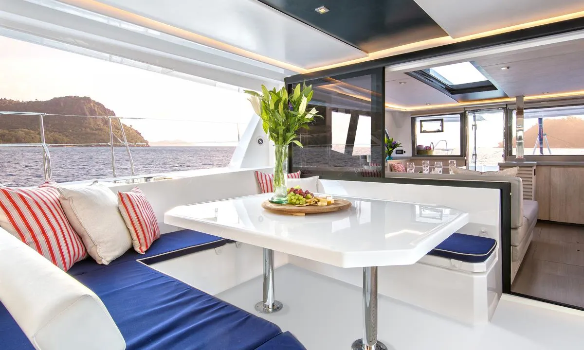 Deck of Moorings 4500 Club, a Leopard 45 catamaran at Cannigione, Italy