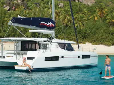 Exterior view of Moorings 4500 Club, a Leopard 45 catamaran at Cannigione, Italy