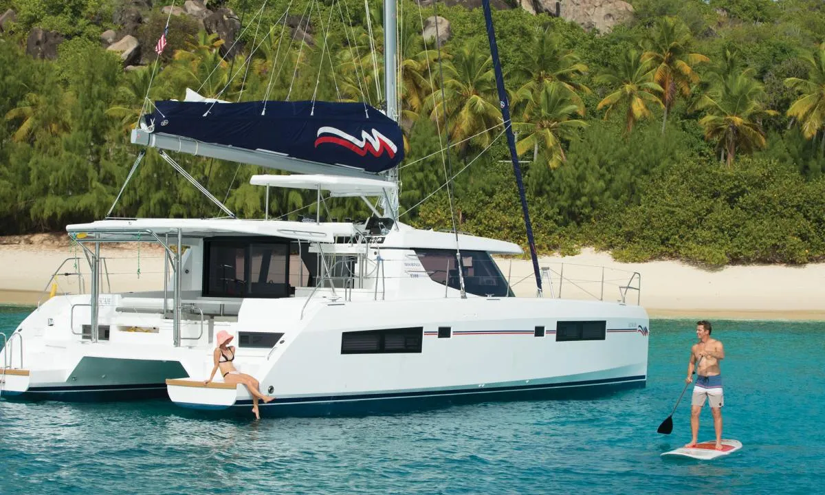 Exterior view of Moorings 4500 Club, a Leopard 45 catamaran at Cannigione, Italy