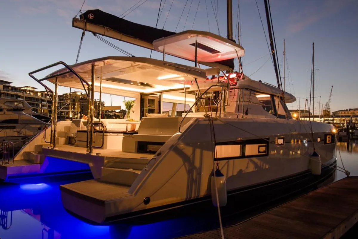 Exterior view of Moorings 4500 Club, a Leopard 45 catamaran at Cannigione, Italy