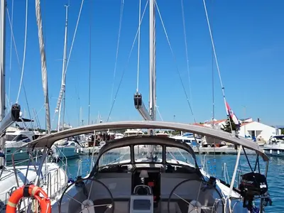 Deck of MH 54, a Bavaria Cruiser 46 sailboat at Murter, Croatia