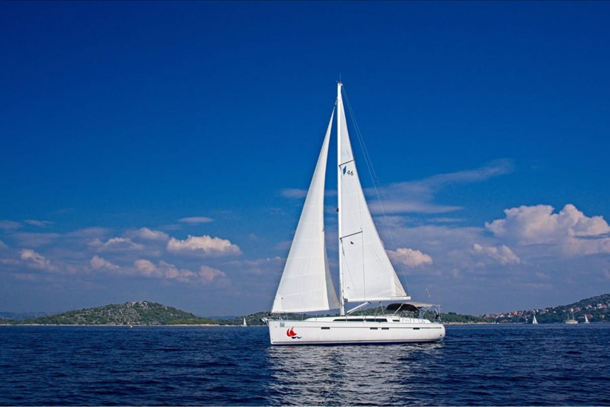 Exterior view of MH 54, a Bavaria Cruiser 46 sailboat at Murter, Croatia