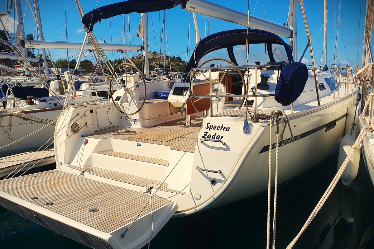 Exterior view of Spectra, a Bavaria Cruiser 46 sailboat at Općina Pakoštane, Croatia