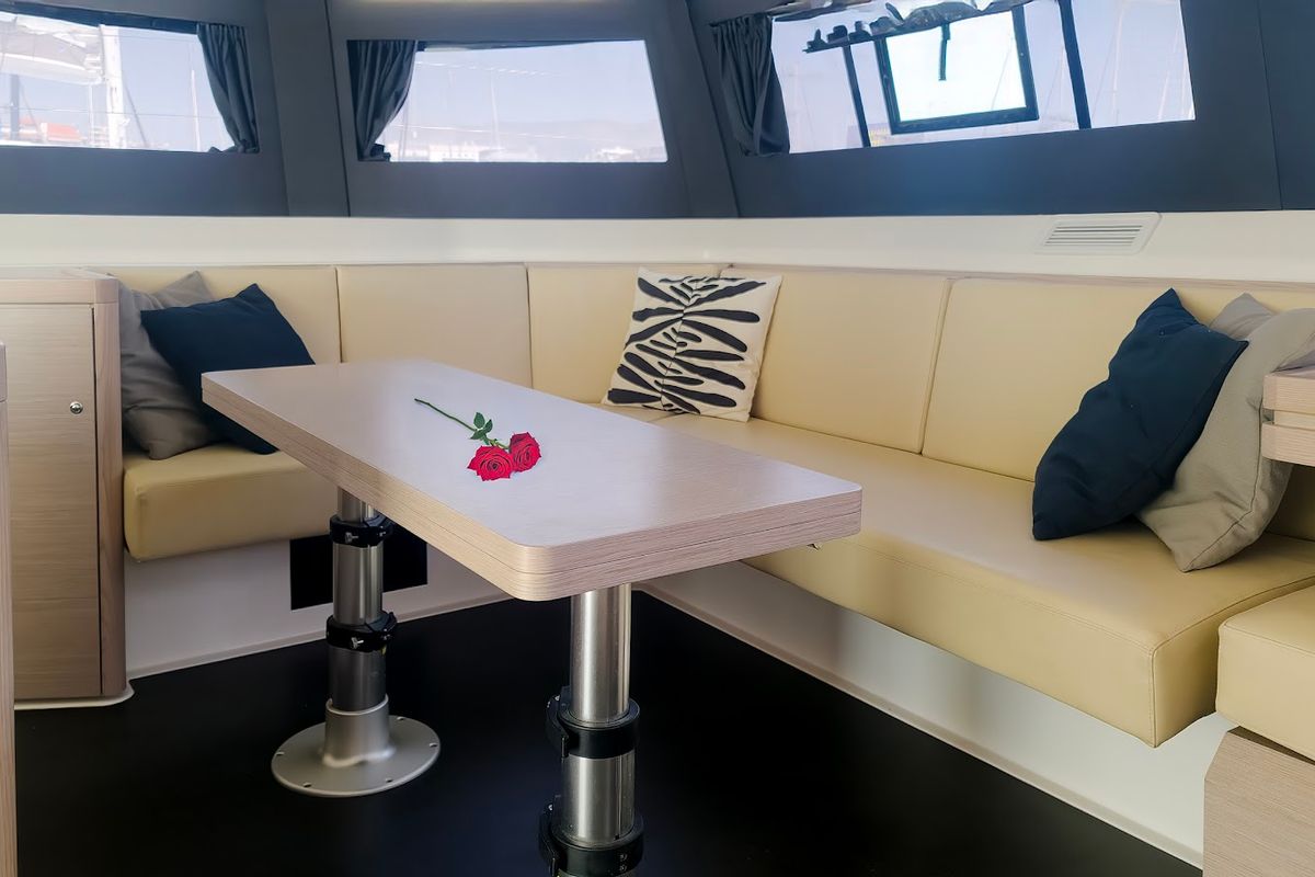 Salon of Danai, a Dufour 48 Catamaran catamaran at Agios Stefanos, Greece