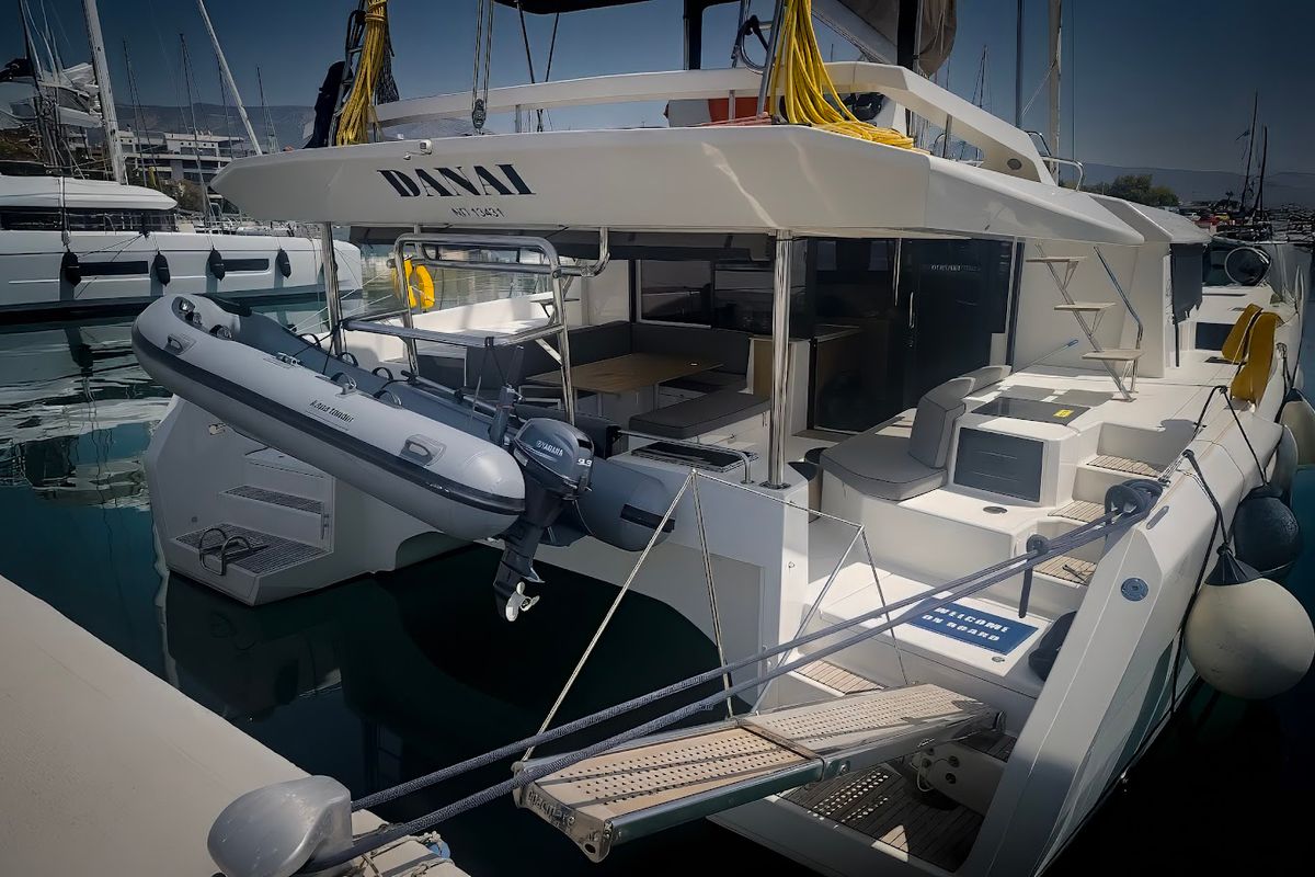 Exterior view of Danai, a Dufour 48 Catamaran catamaran at Agios Stefanos, Greece
