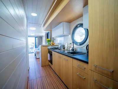 Galley of Ariella, a Woma D13 motorboat at Fürstenberg/Havel, Germany
