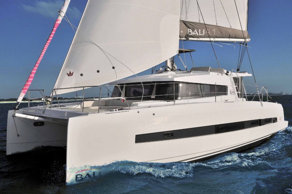 Exterior view of Theros, a Bali 4.1 catamaran at Municipal Unit of Lefkada, Greece