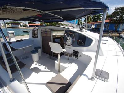Cockpit of LaPerla, a Fountaine Pajot Athena 38 catamaran at Cienfuegos, Cuba