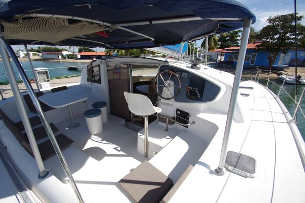 Cockpit of LaPerla, a Fountaine Pajot Athena 38 catamaran at Cienfuegos, Cuba