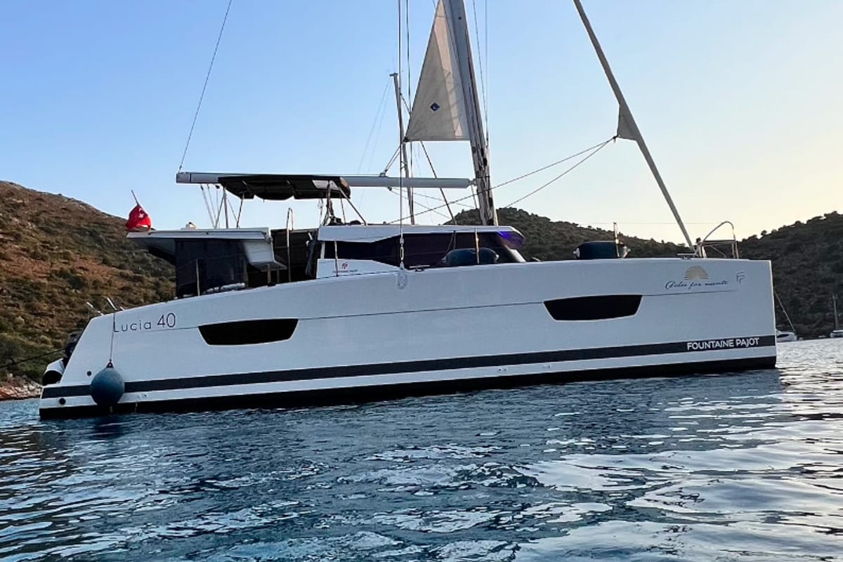 Exterior view of Dolce, a Fountaine Pajot Lucia 40 catamaran at Marmaris, Turkey
