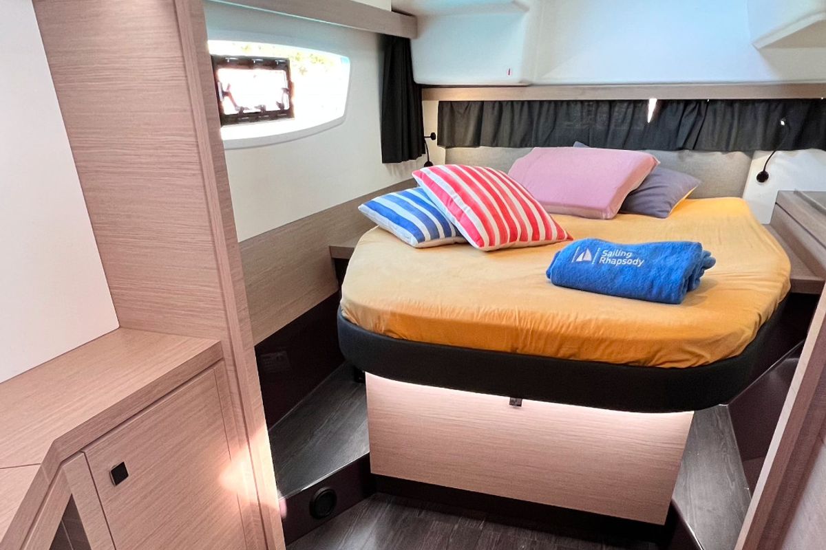 Cabin on Dolce, a Fountaine Pajot Lucia 40 catamaran at Marmaris, Turkey