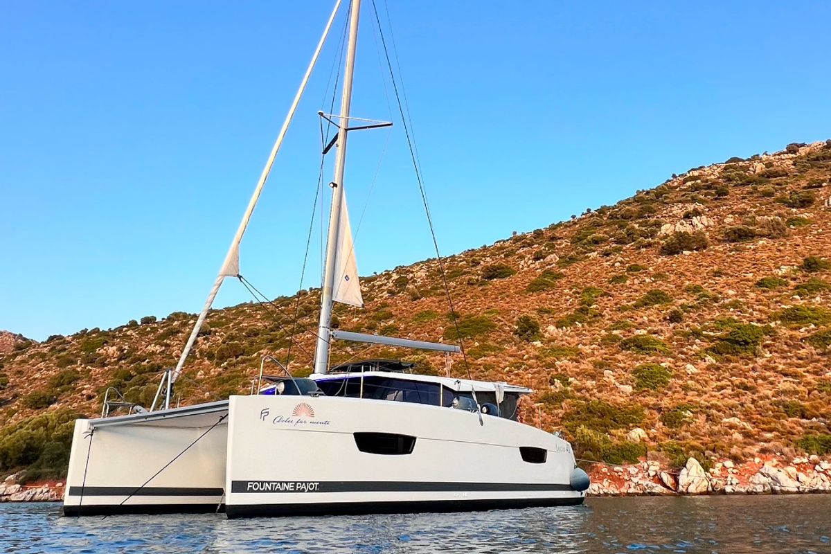 Exterior view of Dolce, a Fountaine Pajot Lucia 40 catamaran at Marmaris, Turkey