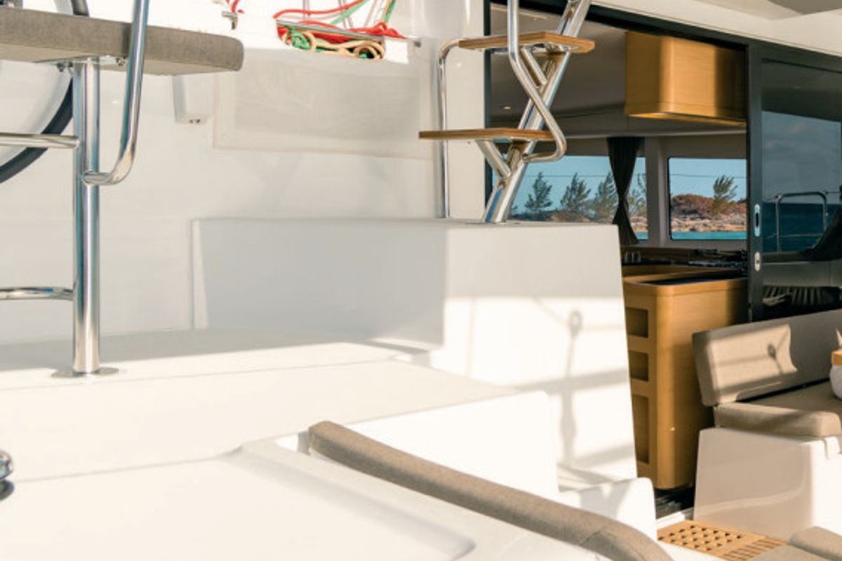 Cockpit of MarLe, a Lagoon 42 catamaran at Thira Municipal Unit, Greece