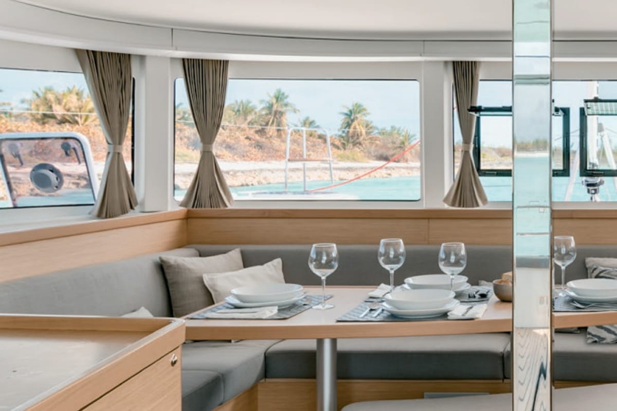 Salon of MarLe, a Lagoon 42 catamaran at Thira Municipal Unit, Greece