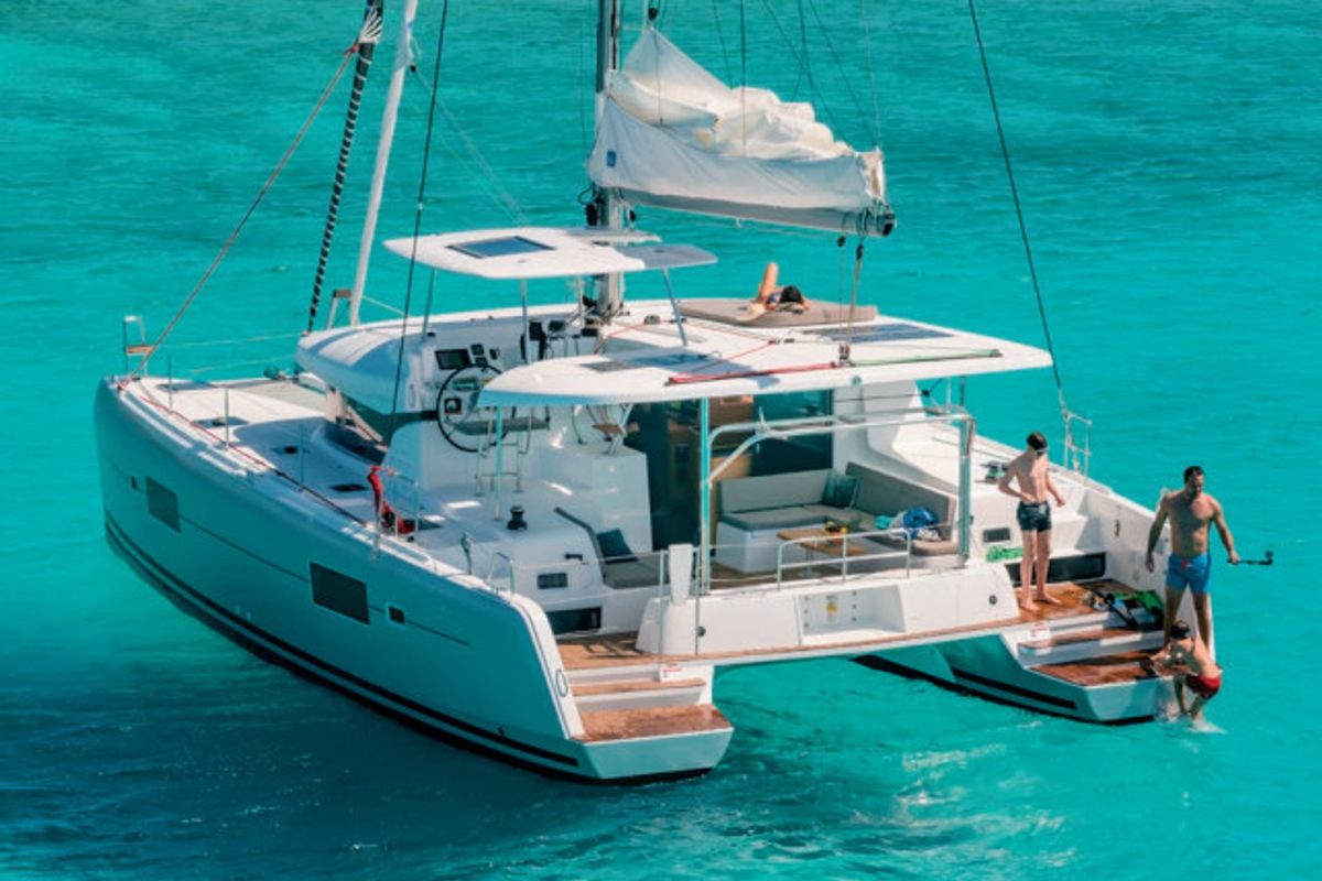 Exterior view of MarLe, a Lagoon 42 catamaran at Thira Municipal Unit, Greece