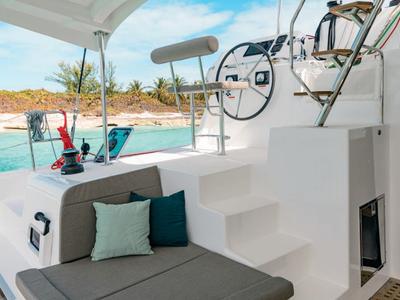 Cockpit of MarLe, a Lagoon 42 catamaran at Thira Municipal Unit, Greece