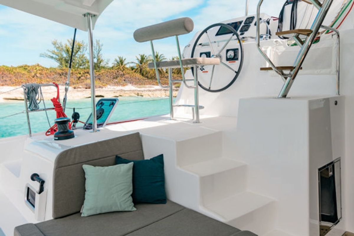 Cockpit of MarLe, a Lagoon 42 catamaran at Thira Municipal Unit, Greece