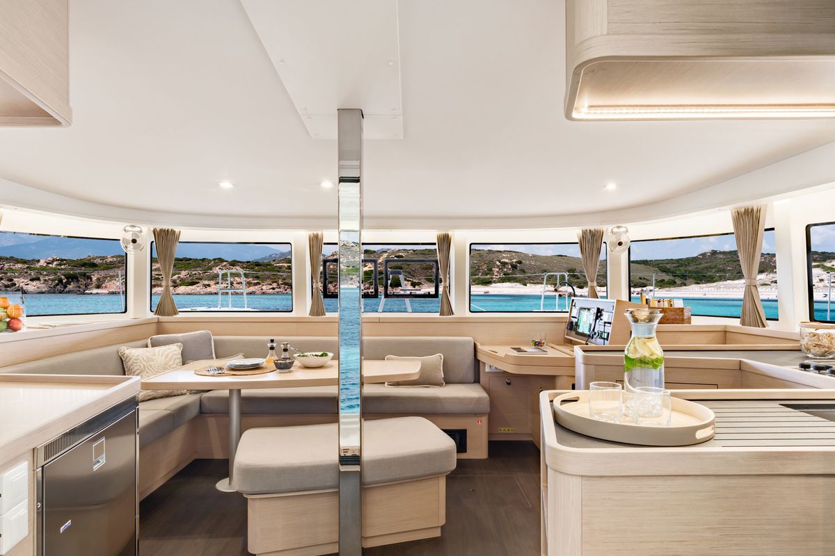 Salon of MarLe, a Lagoon 42 catamaran at Thira Municipal Unit, Greece