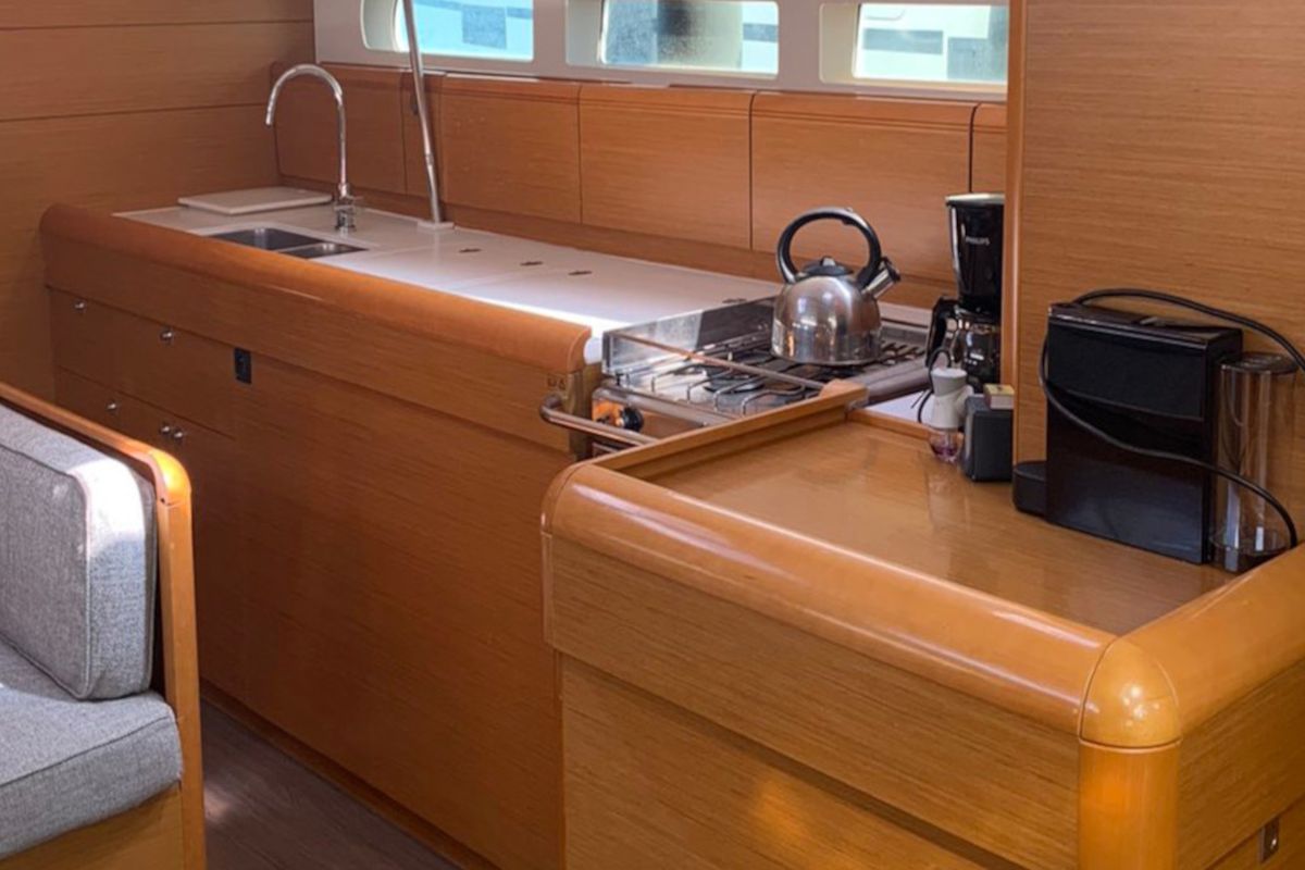 Galley of Aurora, a Jeanneau Sun Odyssey 519 sailboat at Skiathos, Greece