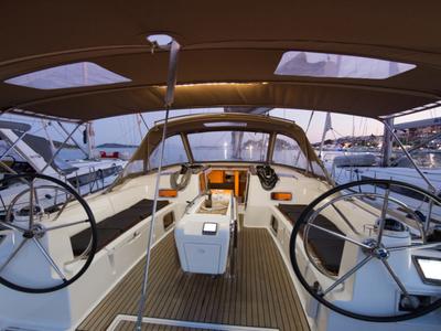 Cockpit of Aurora, a Jeanneau Sun Odyssey 519 sailboat at Skiathos, Greece