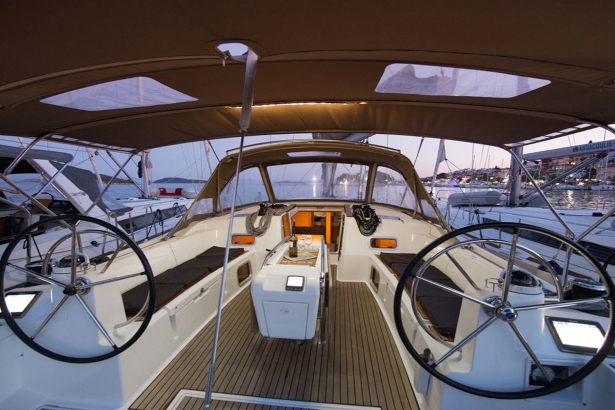 Cockpit of Aurora, a Jeanneau Sun Odyssey 519 sailboat at Skiathos, Greece