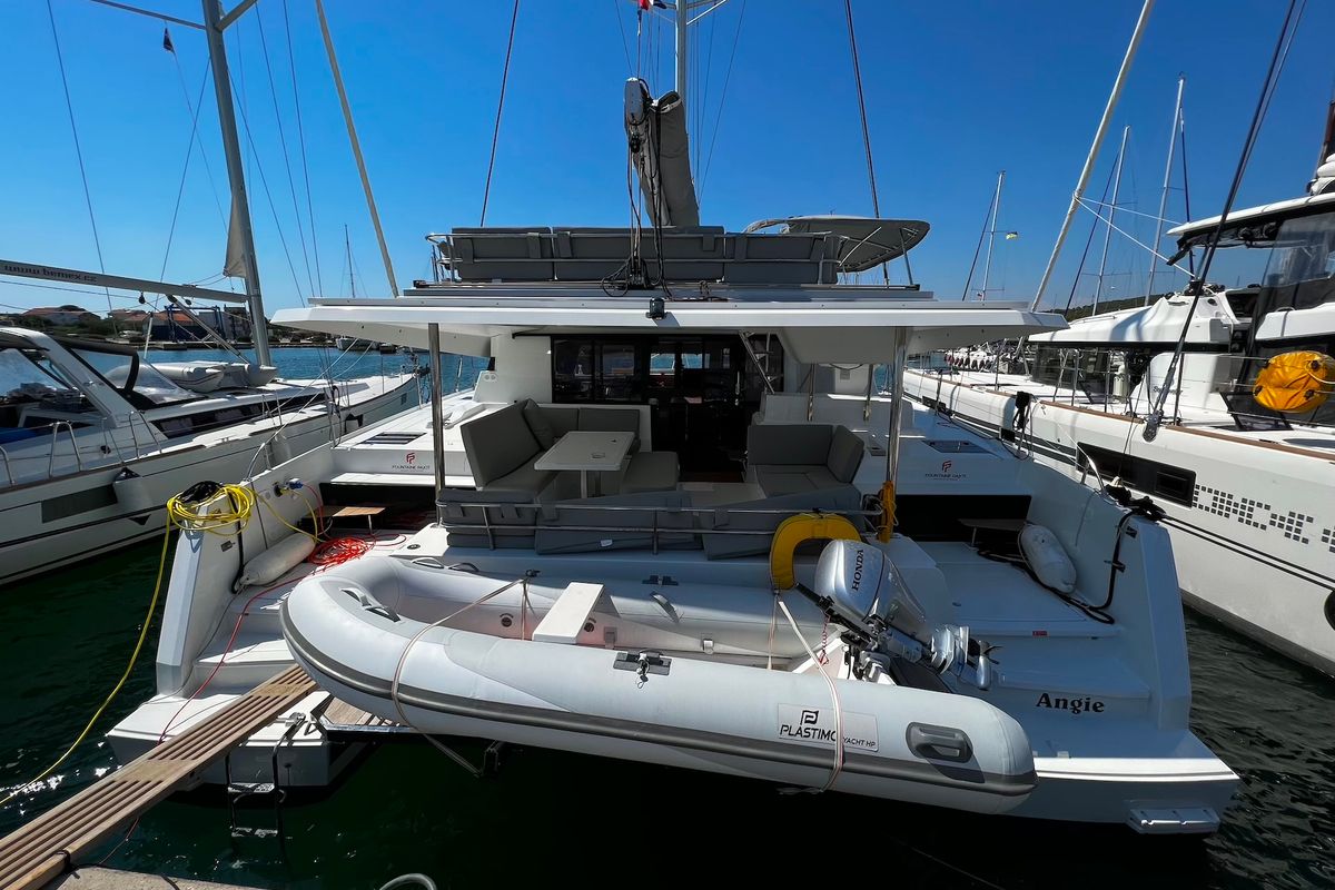 Exterior view of Angie, a Fountaine Pajot Elba 45 catamaran at Općina Sukošan, Croatia