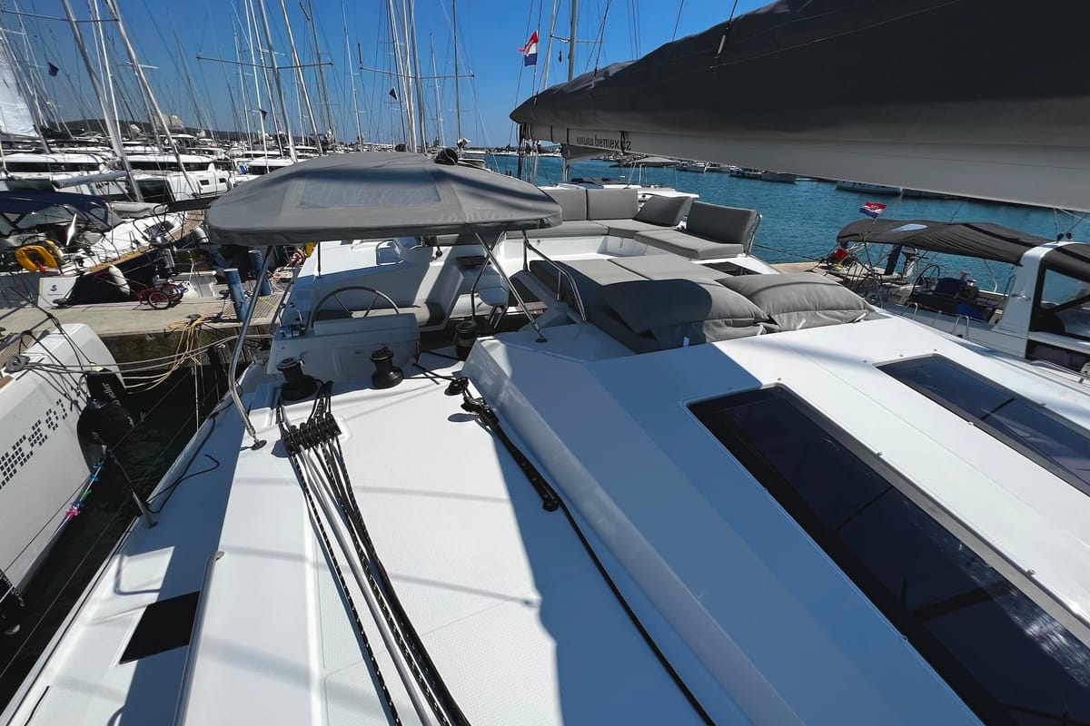 Deck of Angie, a Fountaine Pajot Elba 45 catamaran at Općina Sukošan, Croatia