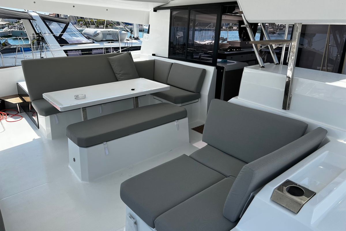 Deck of Angie, a Fountaine Pajot Elba 45 catamaran at Općina Sukošan, Croatia