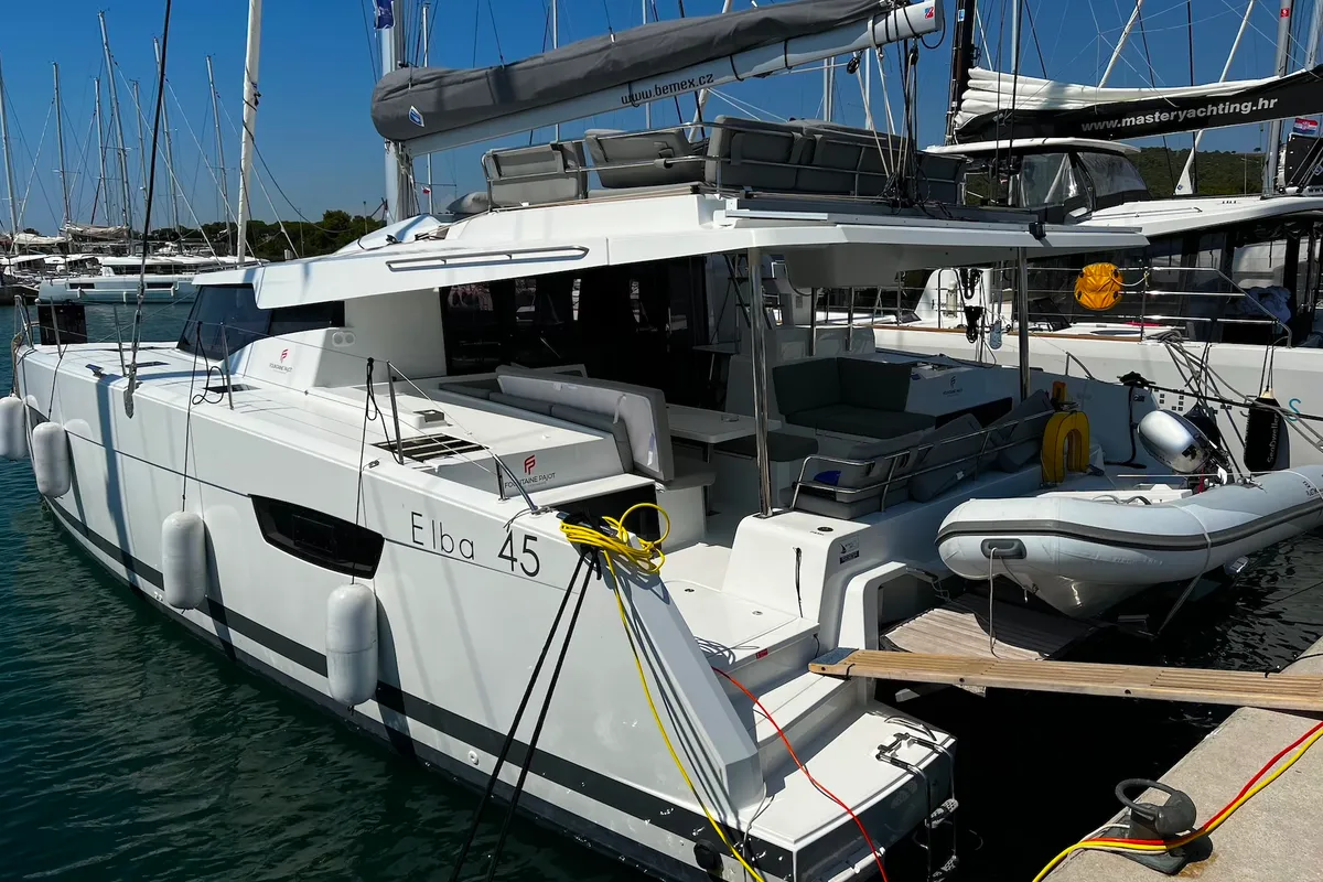 Exterior view of Angie, a Fountaine Pajot Elba 45 catamaran at Općina Sukošan, Croatia
