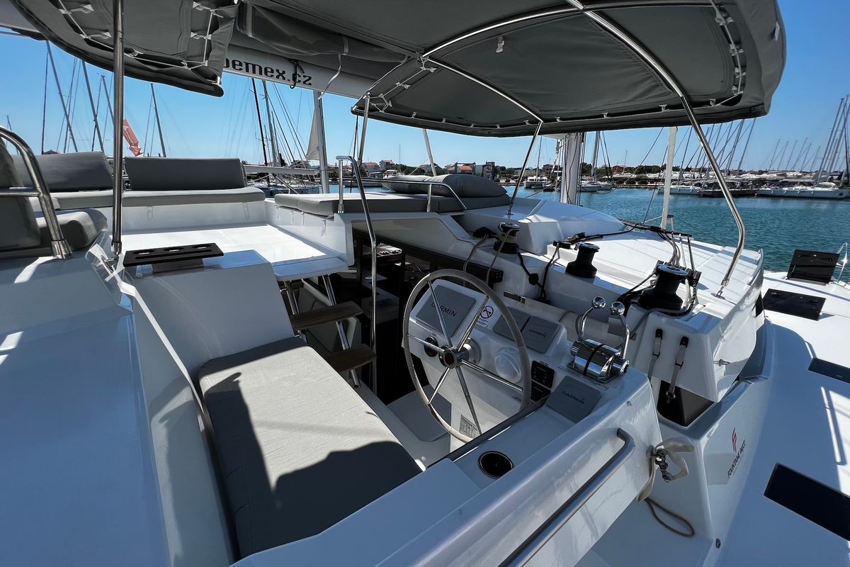 Cockpit of Angie, a Fountaine Pajot Elba 45 catamaran at Općina Sukošan, Croatia