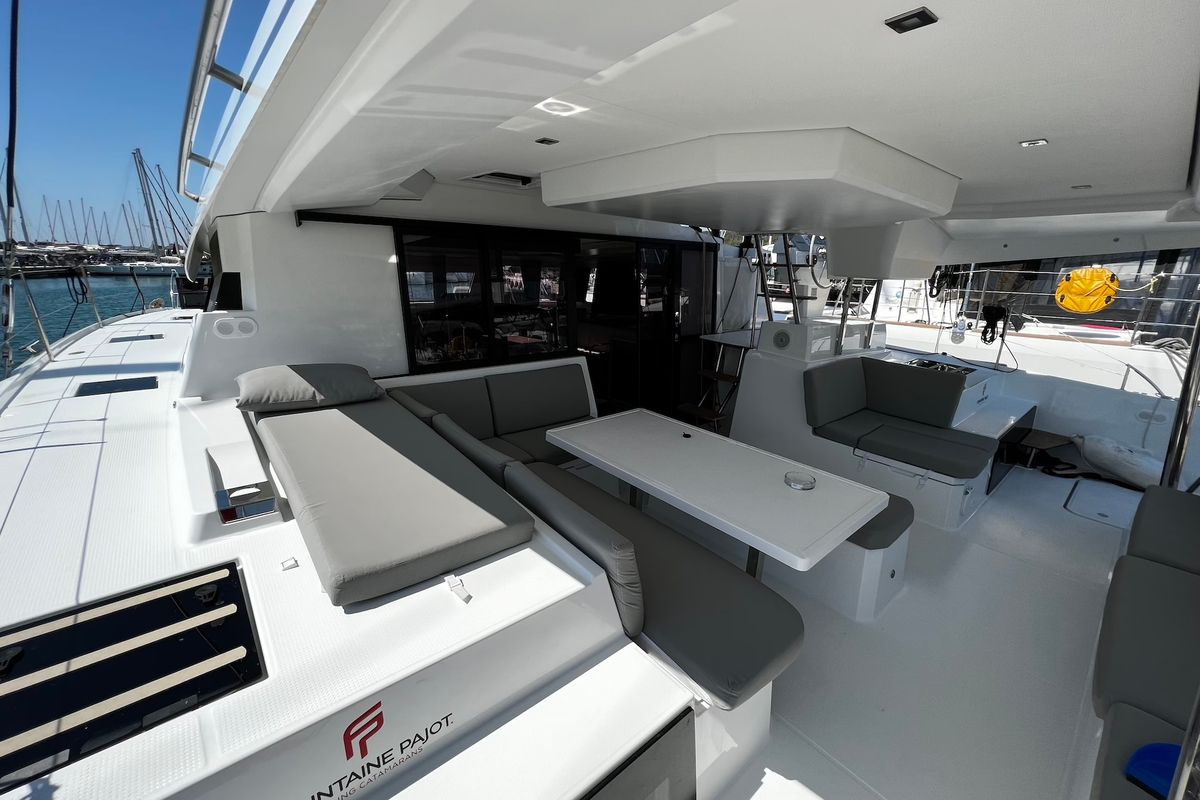 Deck of Angie, a Fountaine Pajot Elba 45 catamaran at Općina Sukošan, Croatia