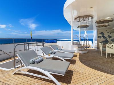 Deck of Elite, a Gulet Power Catamaran catamaran at Parroquia Puerto Baquerizo Moreno, Ecuador