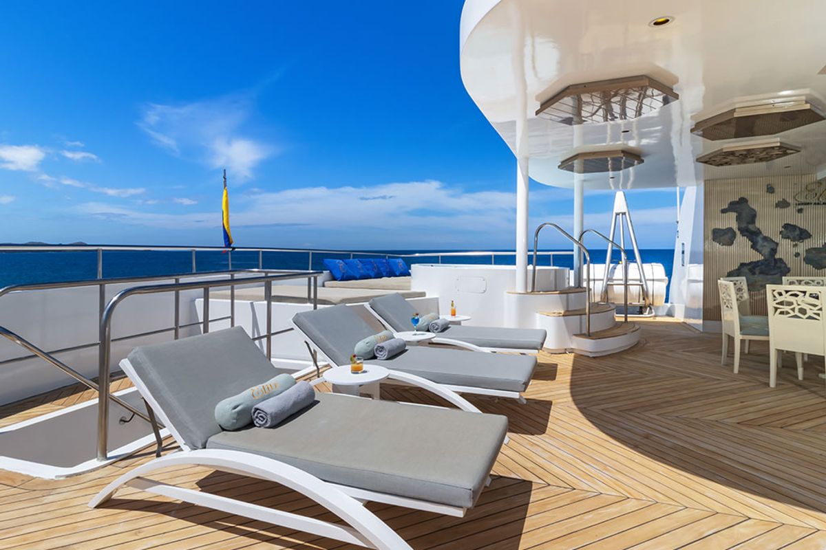 Deck of Elite, a Gulet Power Catamaran catamaran at Parroquia Puerto Baquerizo Moreno, Ecuador