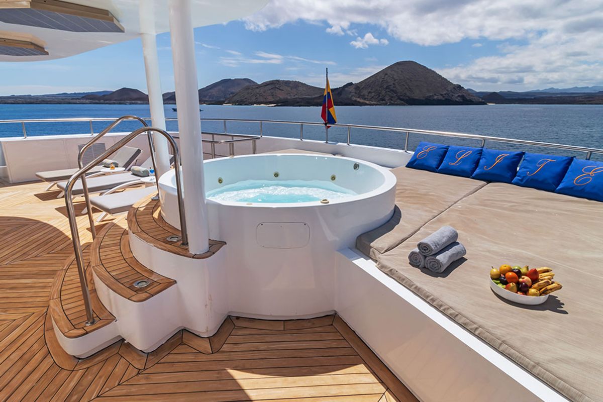 Deck of Elite, a Gulet Power Catamaran catamaran at Parroquia Puerto Baquerizo Moreno, Ecuador