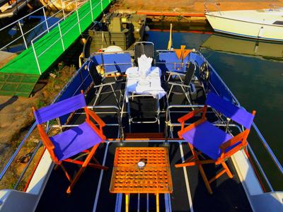 Deck of Sigrid (Electric Drive) , a Gulet Husky Dane motorboat at Motala, Sweden