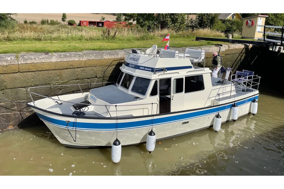 Exterior view of Sigrid (Electric Drive) , a Gulet Husky Dane motorboat at Motala, Sweden