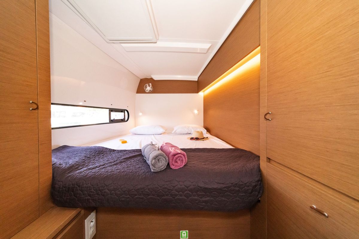 Cabin on Okiroi, a Excess 11 catamaran at Skiathos, Greece