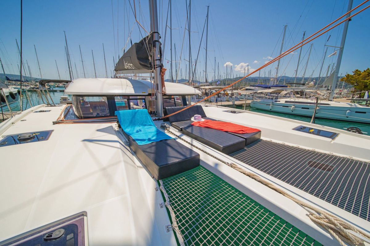 Deck of Okiroi, a Excess 11 catamaran at Skiathos, Greece