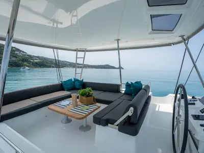 Cockpit of SAILUXE - Allegra, a Lagoon 51 catamaran at Olbia, Italy