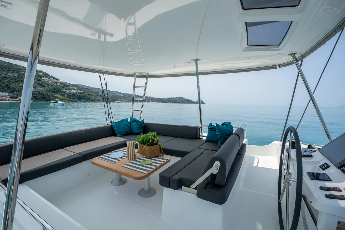 Cockpit of SAILUXE - Allegra, a Lagoon 51 catamaran at Olbia, Italy