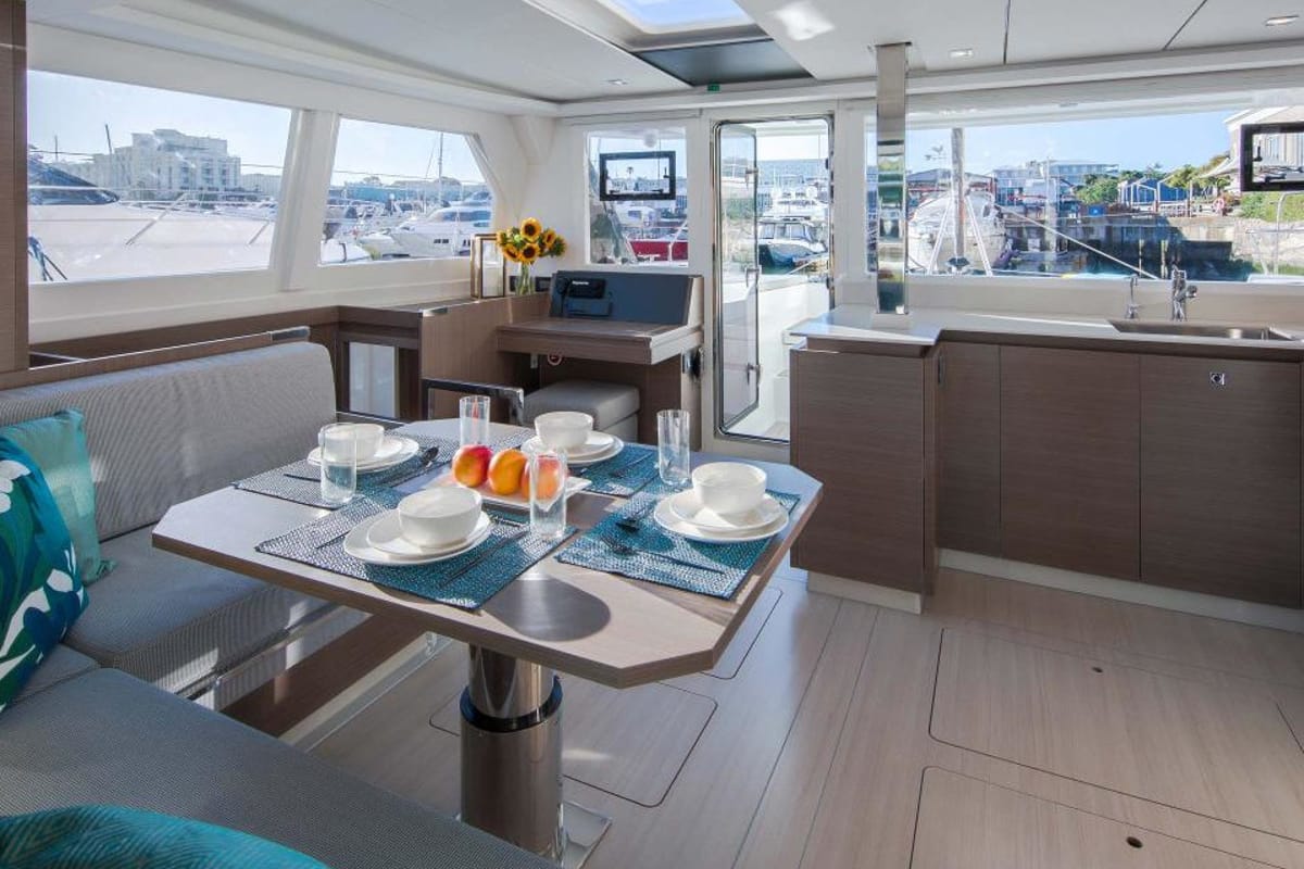 Salon of Moorings 4200/4 Club, a Leopard 42 catamaran at Cannigione, Italy
