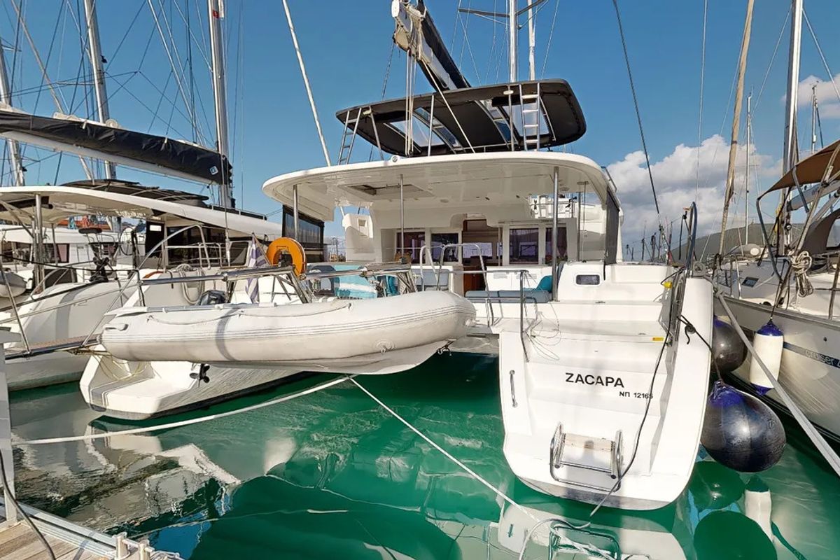 Exterior view of Zacapa, a Lagoon 450 F catamaran at Municipal Unit of Ellomenos, Greece