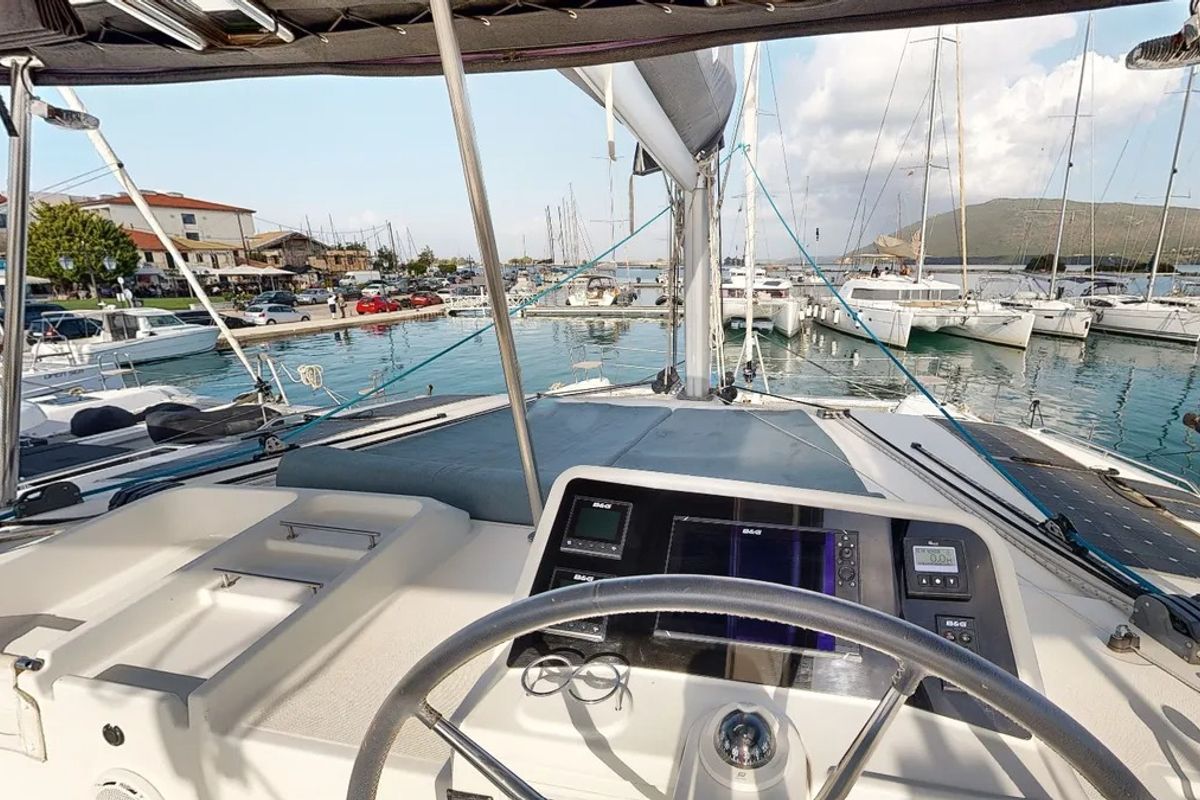 Cockpit of Zacapa, a Lagoon 450 F catamaran at Municipal Unit of Ellomenos, Greece