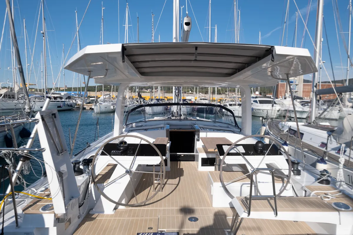 Cockpit of Gin Tonic, a Hanse Yachts Hanse 460 sailboat at Rosignano Solvay, Italy