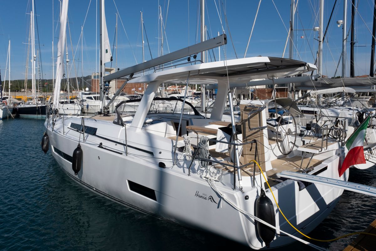 Exterior view of Gin Tonic, a Hanse Yachts Hanse 460 sailboat at Rosignano Solvay, Italy