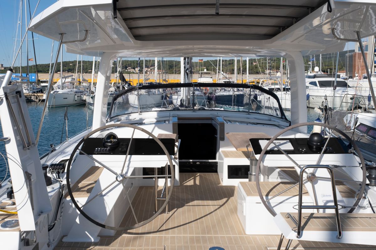 Cockpit of Gin Tonic, a Hanse Yachts Hanse 460 sailboat at Rosignano Solvay, Italy