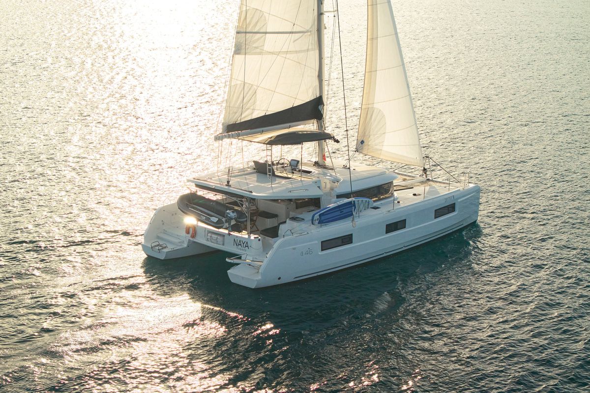 Exterior view of Naya, a Lagoon 46 catamaran at Dubrovnik, Croatia