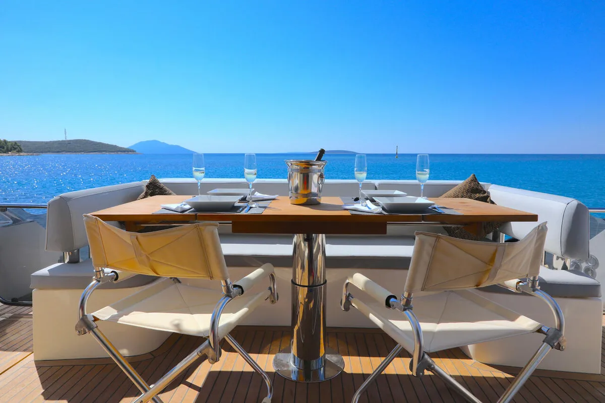 Deck of Bella Zio, a Galeon 640 Fly yacht at Split, Croatia
