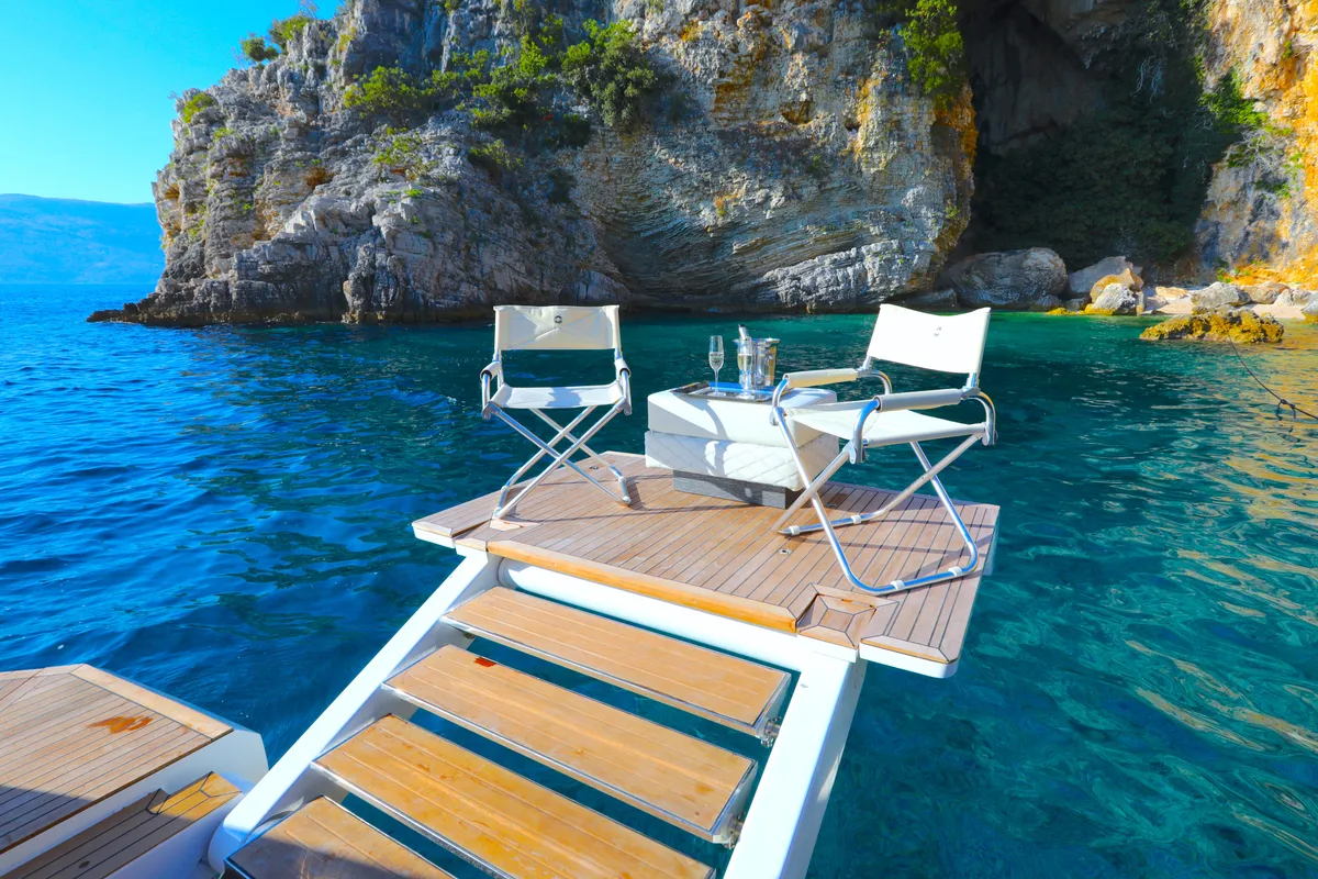 Deck of Bella Zio, a Galeon 640 Fly yacht at Split, Croatia