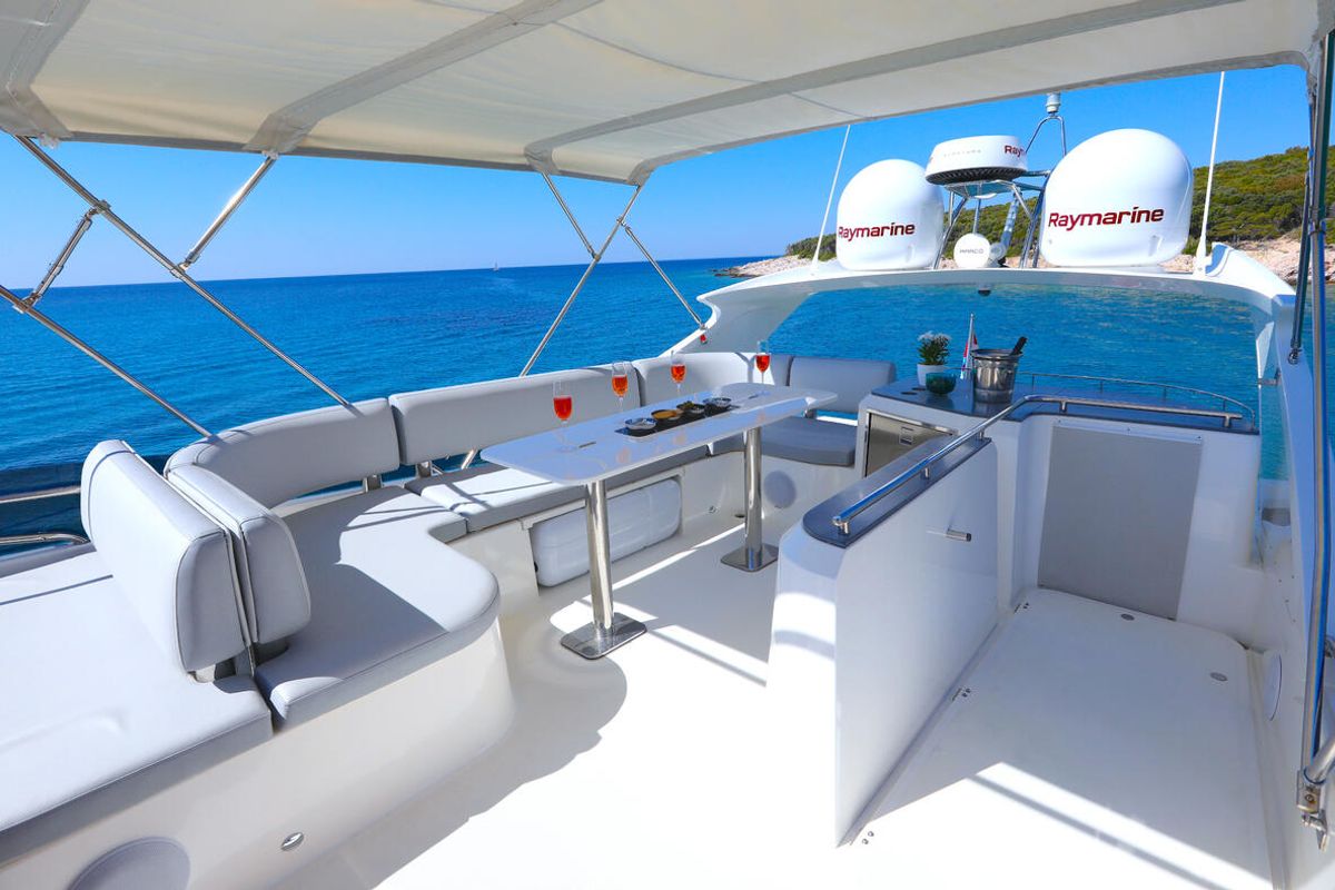 Deck of Bella Zio, a Galeon 640 Fly yacht at Split, Croatia